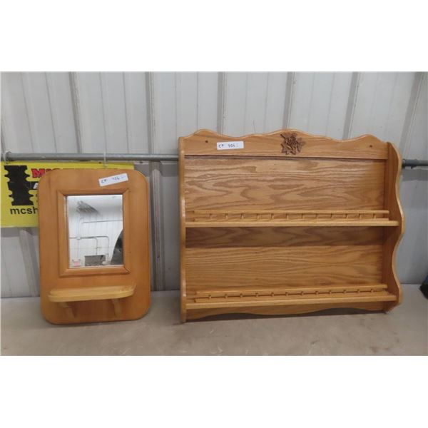 Oak 2 Tier Shelf and Mirror 26" x 30" and 12 1/2" x 20"