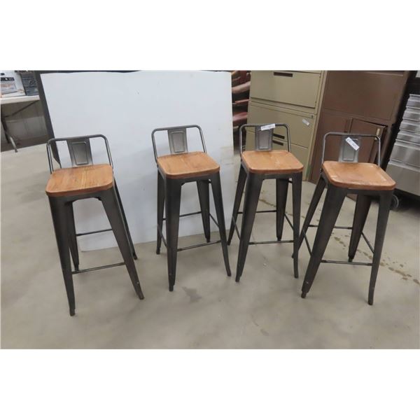 Four Metal and Wood Industrial-Style Bar Stools
