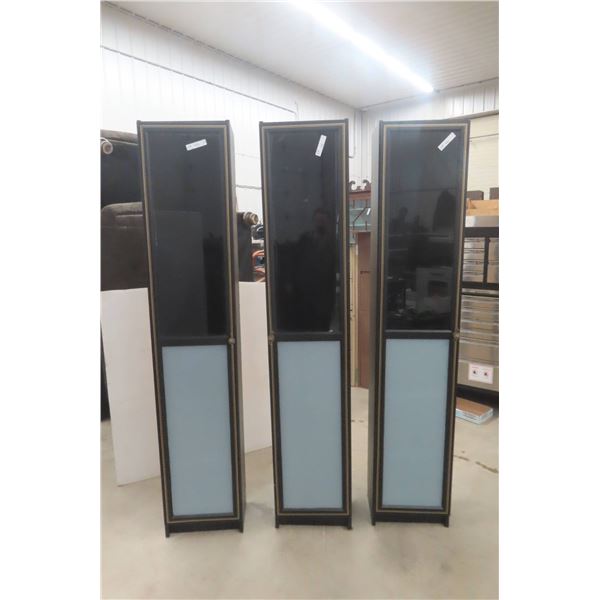 Three Tall Black Display Cabinets with Frosted and Glass Panel Doors 79" x 12" x 15 1/2"