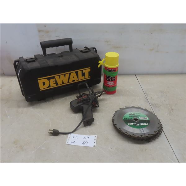 12 7-1/4" Saw Blades, Grinding Disks, Electric Solder Gun, Empty DeWalt Toolbox and 4 Casters