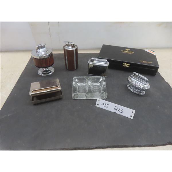 Vintage Lighters, Cigarette Roller, Ashtray, and Cohiba Cuban Cigar Box