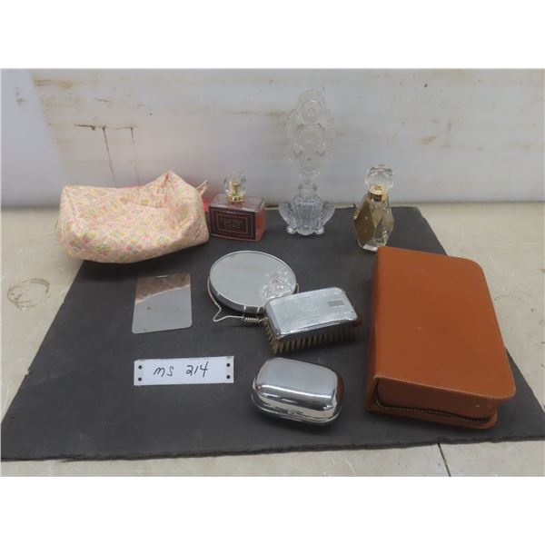 Perfume Bottles (Some with Product), Vanity Bag, Mirror, Travel Case with Soap Dish and Brush