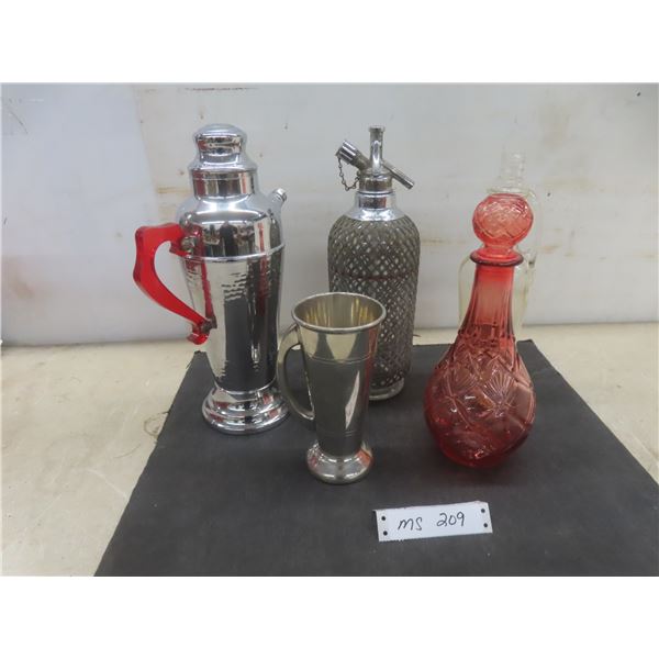 Vintage Seltzer Bottle, Art Deco Chrome Cocktail Shaker, Pewter Mug, and More