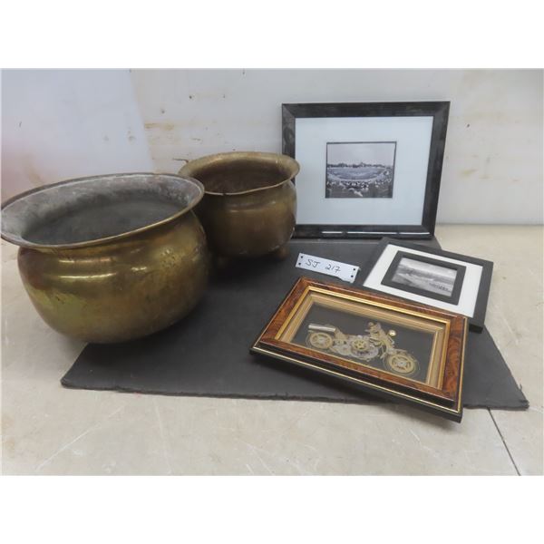 2 Brass Spittoons and 3 Framed Pictures (Largest 10" x 12")