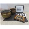 Image 1 : 2 Brass Spittoons and 3 Framed Pictures (Largest 10" x 12")