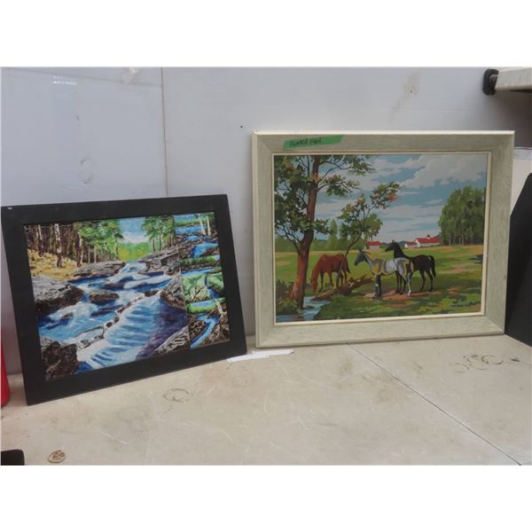 2 Framed Pictures, Tile Style 16" x 20" and Oil Painting 1964 22" x 27"