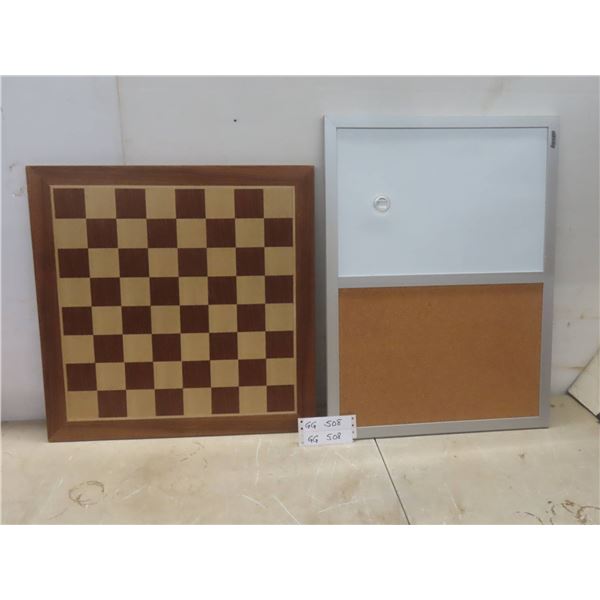 Wood Chess / Checker Board 19 1/2" x 19 1/2" and Cork/Magnetic White Board 17" x 23"