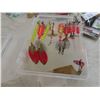 Image 11 : Fishing Tackle: Line, Lures, Pickerel Rigs, 2 Reels, Hooks, Rod and Reel and 2 Metal Signs