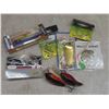 Image 12 : Fishing Tackle: Line, Lures, Pickerel Rigs, 2 Reels, Hooks, Rod and Reel and 2 Metal Signs