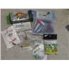 Image 14 : Fishing Tackle: Line, Lures, Pickerel Rigs, 2 Reels, Hooks, Rod and Reel and 2 Metal Signs