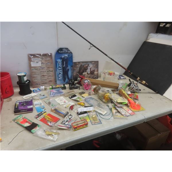 Fishing Tackle: Line, Lures, Pickerel Rigs, 2 Reels, Hooks, Rod and Reel and 2 Metal Signs