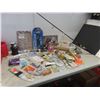 Image 1 : Fishing Tackle: Line, Lures, Pickerel Rigs, 2 Reels, Hooks, Rod and Reel and 2 Metal Signs