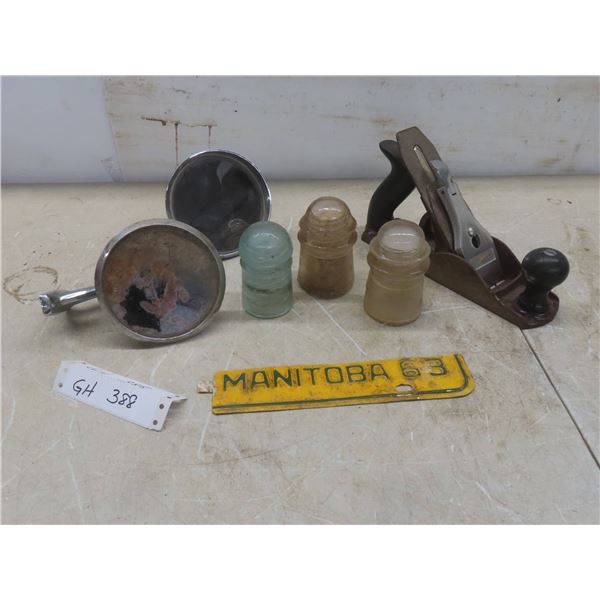2 Chrome Side View Mirrors, 3 Insulators, Planer and Manitoba 1963 License Plate Tag