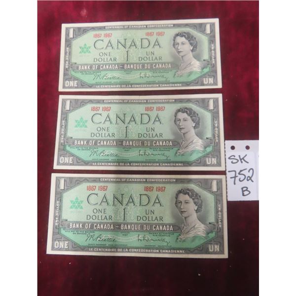3 Very Nice 1967 Canadian $1 Bills
