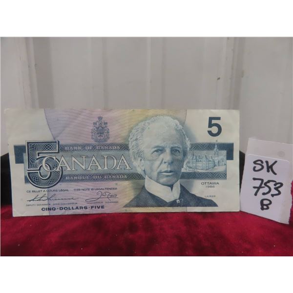 1986 Canadian $5 Bill