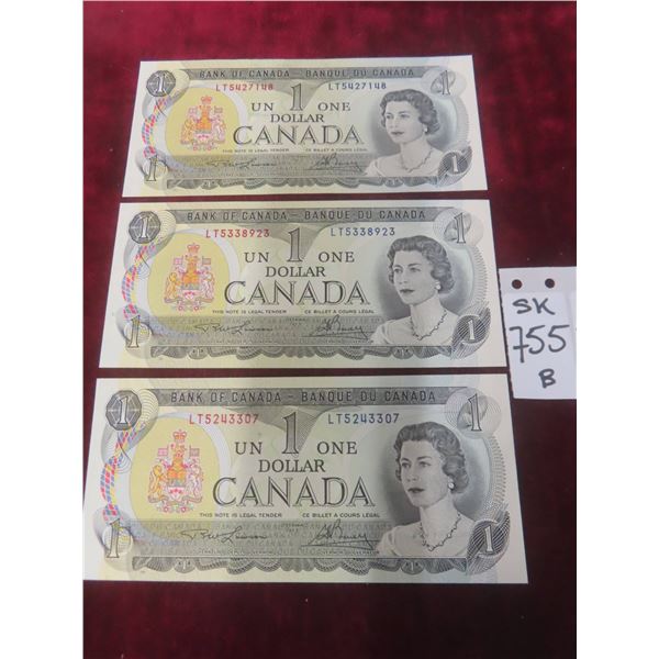 3 Uncirculated 1973 Canadian $1 Bills