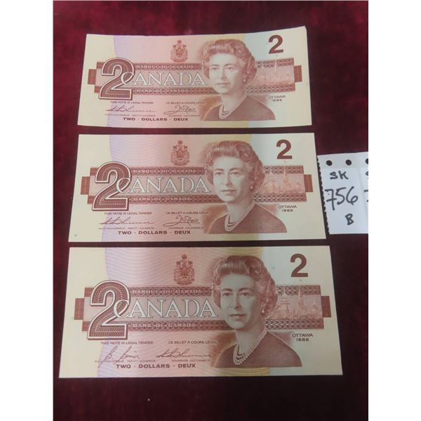 3 1986 Canadian $2 Bills