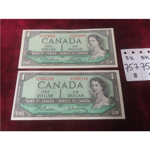 2 Very Nice 1954 Canadian $1 Bills