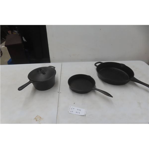 2 Cast Frying Pans and Cast Pot w/ Lid