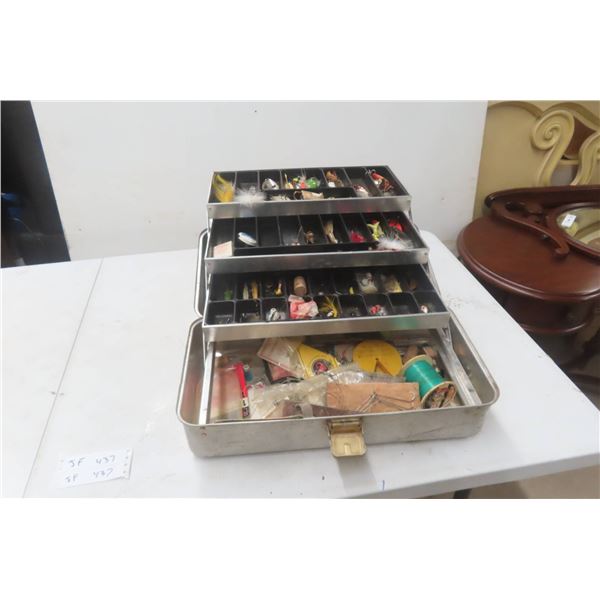Vintage Aluminum Tackle Box With Fishing Gear