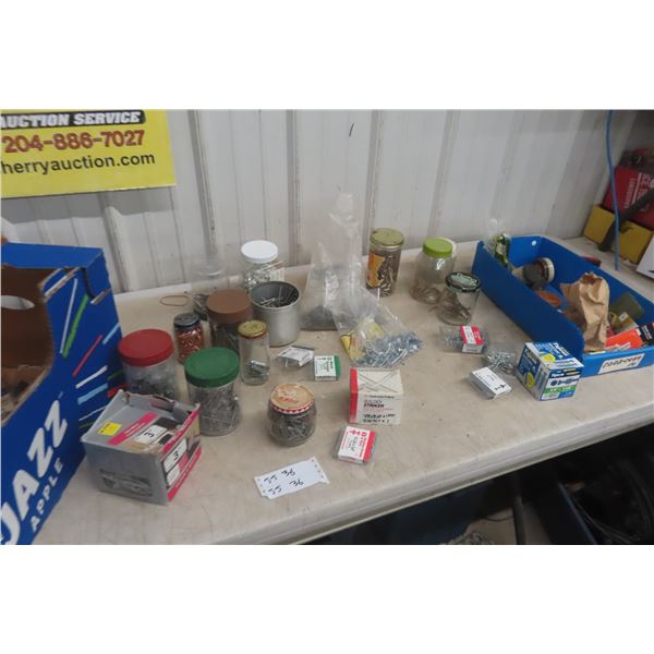 Hardware: Screws, Nails, Staples, Anchors Organized in Jars/Boxes