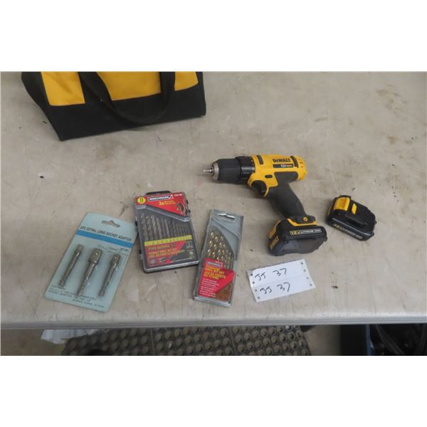 DeWalt 12V Drill With 2 Batteries, No Charger, With Drill Bits and Socket Adapter