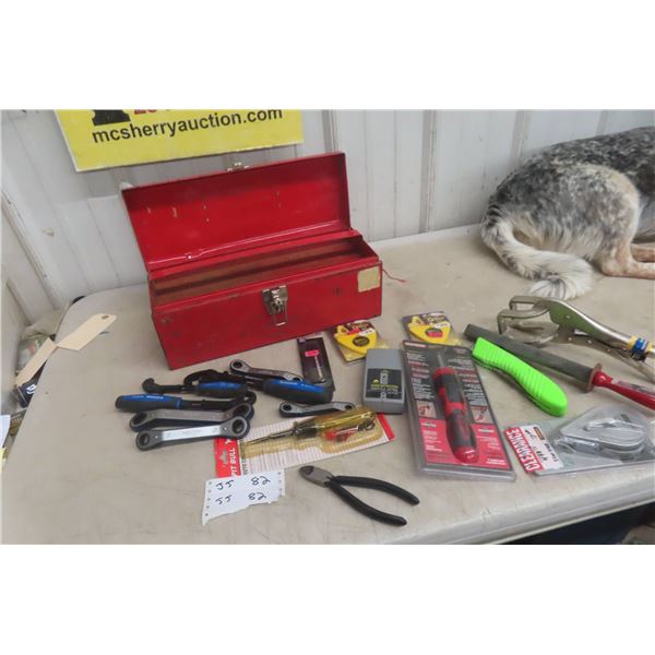 Metal Tool Box With Screwdrivers Wrench Stud Finder Chalk Line Plus
