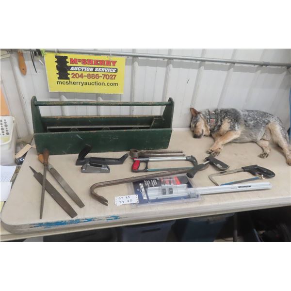 Wood Tool Box Wrecking Bar Hack Saw Saw Gauge Files Hatchet