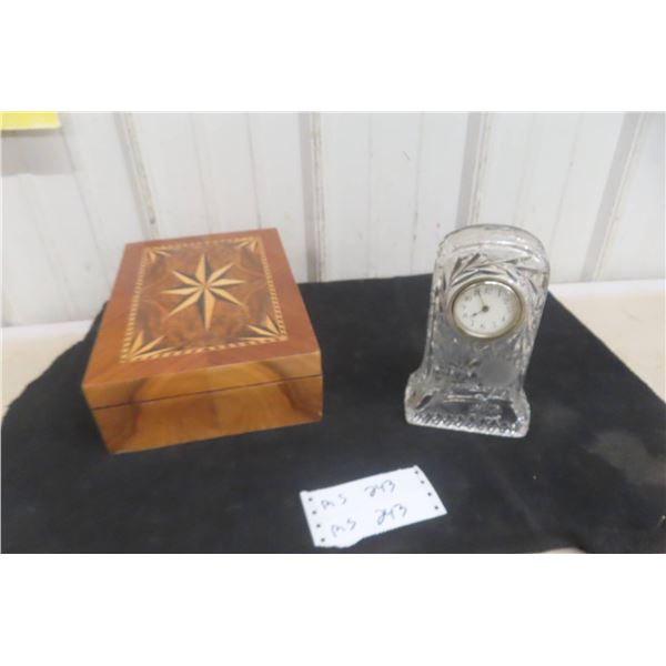 Wood Marquetry Box with Interior Compartments and Crystal Mantel Clock