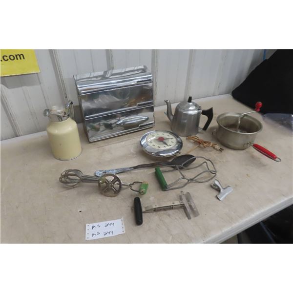 Kitchenware with Chrome Wrap Dispenser and Vintage Tools