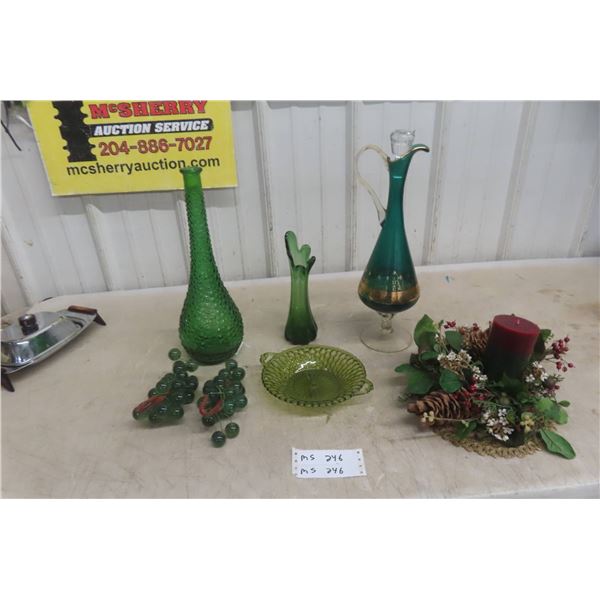 Green Glass Decorative Items and Table Accessories