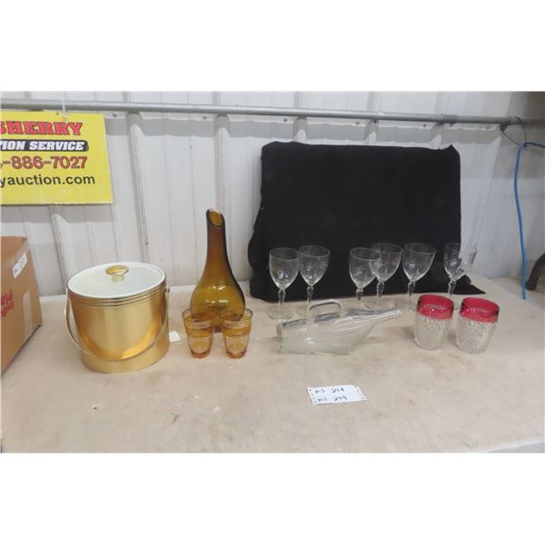 Glassware and Barware Assortment with Ice Bucket and Decanter
