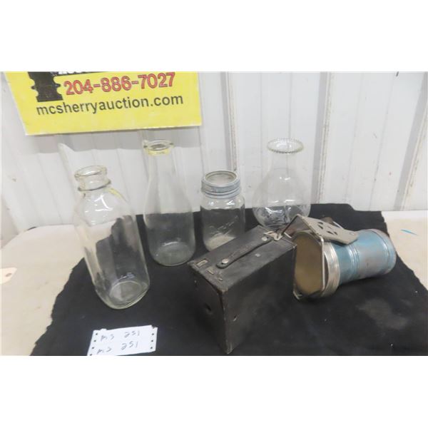 Glass Bottles, Mason Jar, Lamp Shade, Camera, and Metal Flashlight