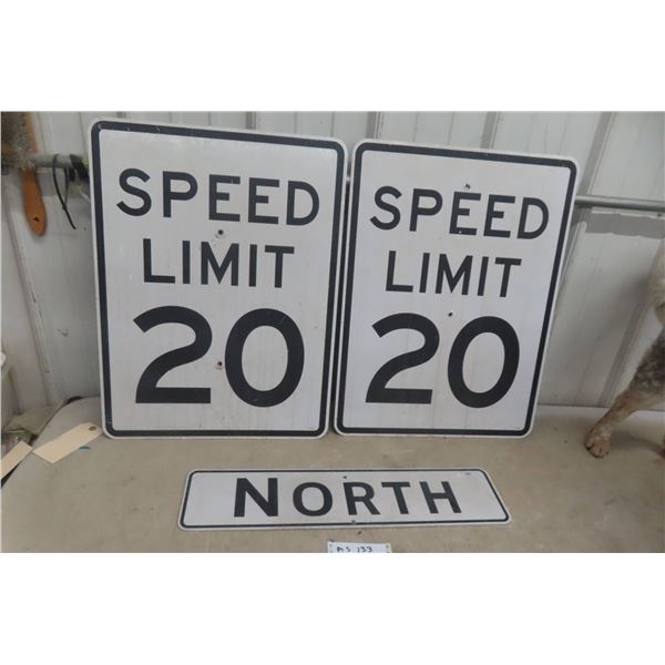 3 Metal Traffic Signs: 2 Speed 20 Limit 18" X 24" and North 6" X 24"