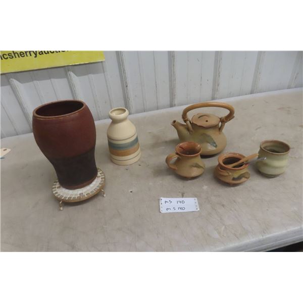 Pottery Tea Pot, Cups, Pots, Vintage Hanging Brass and Wood Light Fixture