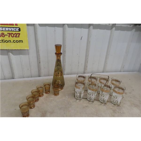 Mid Century Atomic Highball Glasses Set Of 8 With Rack, Decanter and 6 Shot Glasses