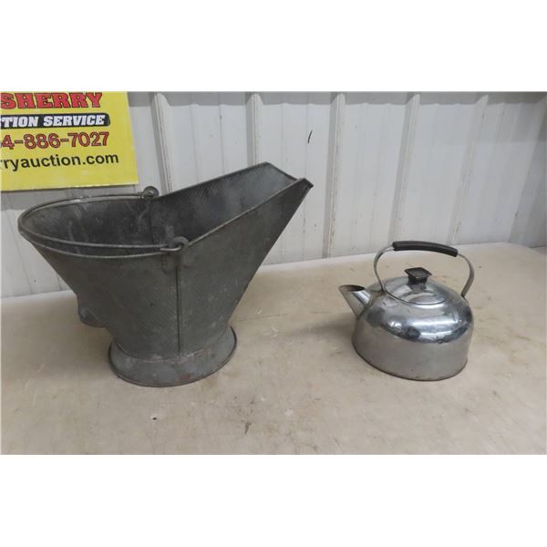Galvanized Metal Coal Scuttle and Stainless Steel Teapot