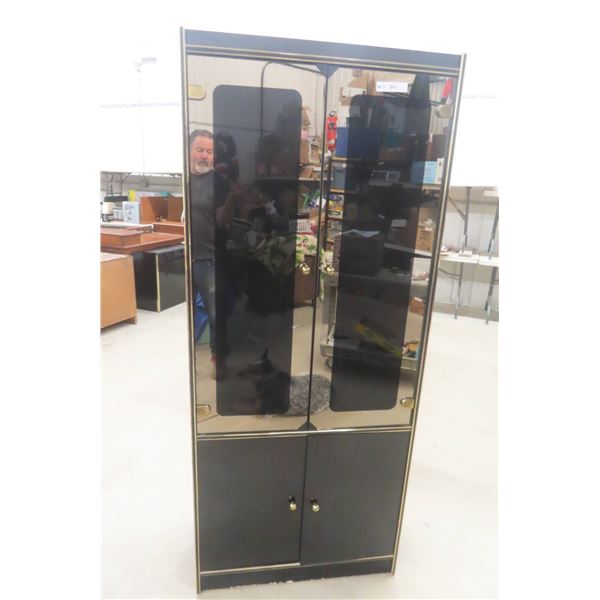 MCM Black Lacquer Cabinet With Glass And Gold Trim 72" X 30" X 15"