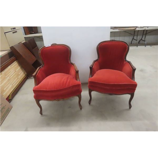 Mid Century Pair Matching Unique Louis XV Armchairs With Carved Wood Frames