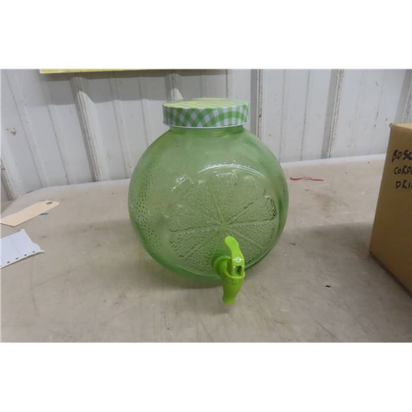 Green Glass Drink Dispenser with Gingham Lid and Tap