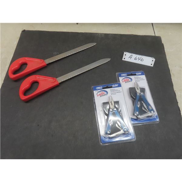 2 Very Sharp Fiberglass Knives and 2 Eagle Claw Fishing Pliers