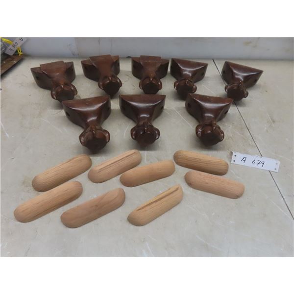 8 Vintage Wood Ball And Claw Furniture Legs 6" High And 8 Oak Drawer Pulls New Old Stock