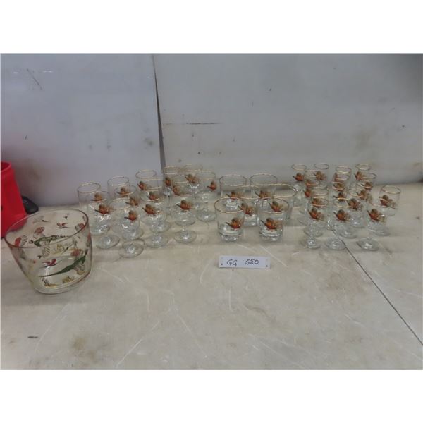 35 Vintage MCM Glasses Featuring Colorful Pheasant Design And Gold Rim