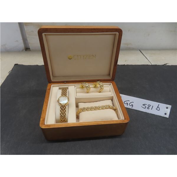 Citizen Ladies Wristwatch With Matching Bracelet, Stud Hoop Earrings And Wood Chest