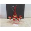 Image 1 : Vintage Glass Decanter With 4 Glasses Red Glass With Gilded Designs And Twisted Stems