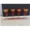 Image 7 : Vintage Glass Decanter With 4 Glasses Red Glass With Gilded Designs And Twisted Stems