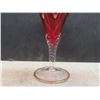 Image 9 : Vintage Glass Decanter With 4 Glasses Red Glass With Gilded Designs And Twisted Stems