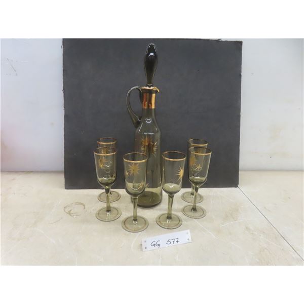 Vintage MCM Smoke Glass Decanter Set Featuring Starburst Atomic Pattern And Gold Rims 1950s–60s