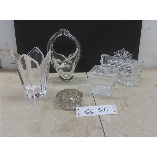 Orrefors Sweden Crystal Tulip Vase, Covered Crystal Candy Dish, Trinket Box, Flower Frog And More