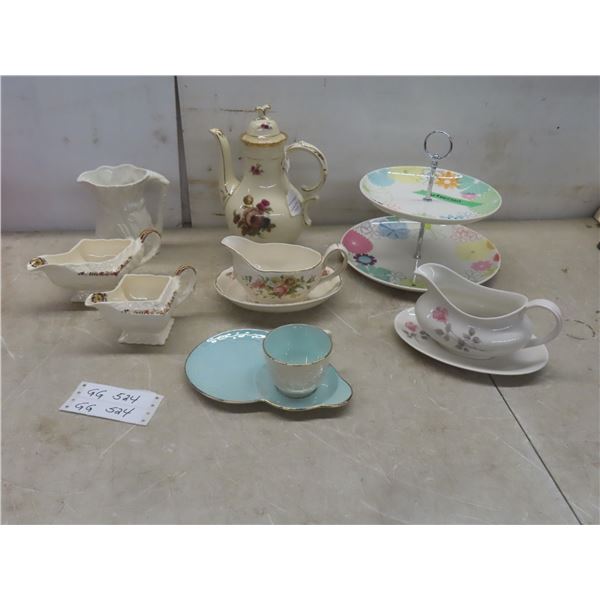 KPM Denmark Rosenborg Teapot, Coulton Pillar Rose Gravy Boat With Saucer, Maling Lustre Teacup With